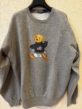 Vintage Unisex Ralph Lauren Bear Sweatshirt Gray-Size M-Men's/Women's